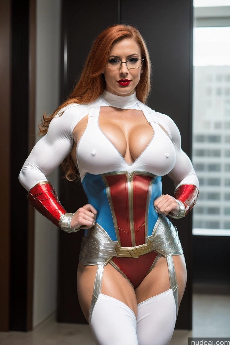 related ai porn images free for Superheroine Muscular Abs Ginger Front View Superhero Detailed Busty Glasses Lipstick Fairer Skin Neon Lights Clothes: Blue