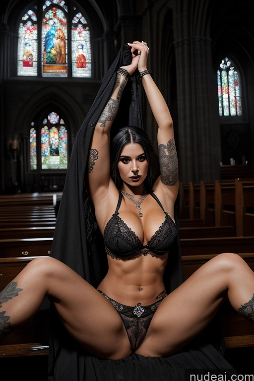 ai nude image of arafed woman in a black lingerie sitting on a pewing bench pics of Model One Busty Tattoos Muscular Big Ass Abs 20s Seductive Sexy Face Rockstar Hair Russian Church Nude Goth Goth Gals V2 Partially Nude Diamond Jewelry Dark Lighting Simple