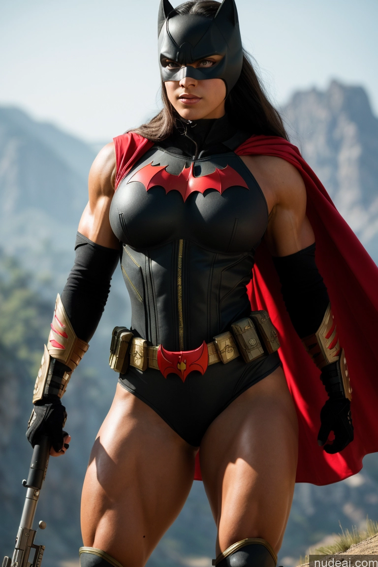 ai nude image of batmangirl posing with a gun and cape on a hill pics of Batwoman Regal Cosplay Muscular Abs Busty Small Tits Neon Lights Clothes: Red Battlefield Bodybuilder