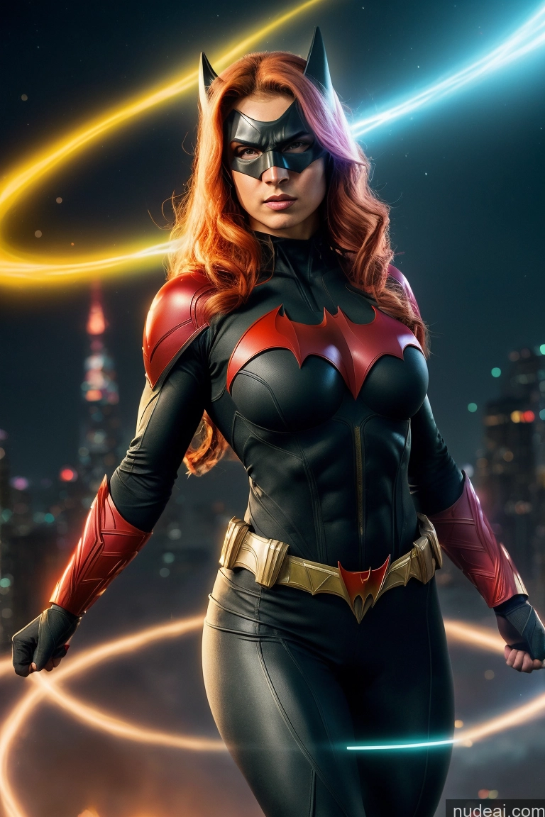 ai nude image of batmangirl in a black cat suit with a red cape and a yellow ring pics of Batwoman Regal Cosplay Muscular Abs Busty Dynamic View Science Fiction Style Powering Up Small Tits