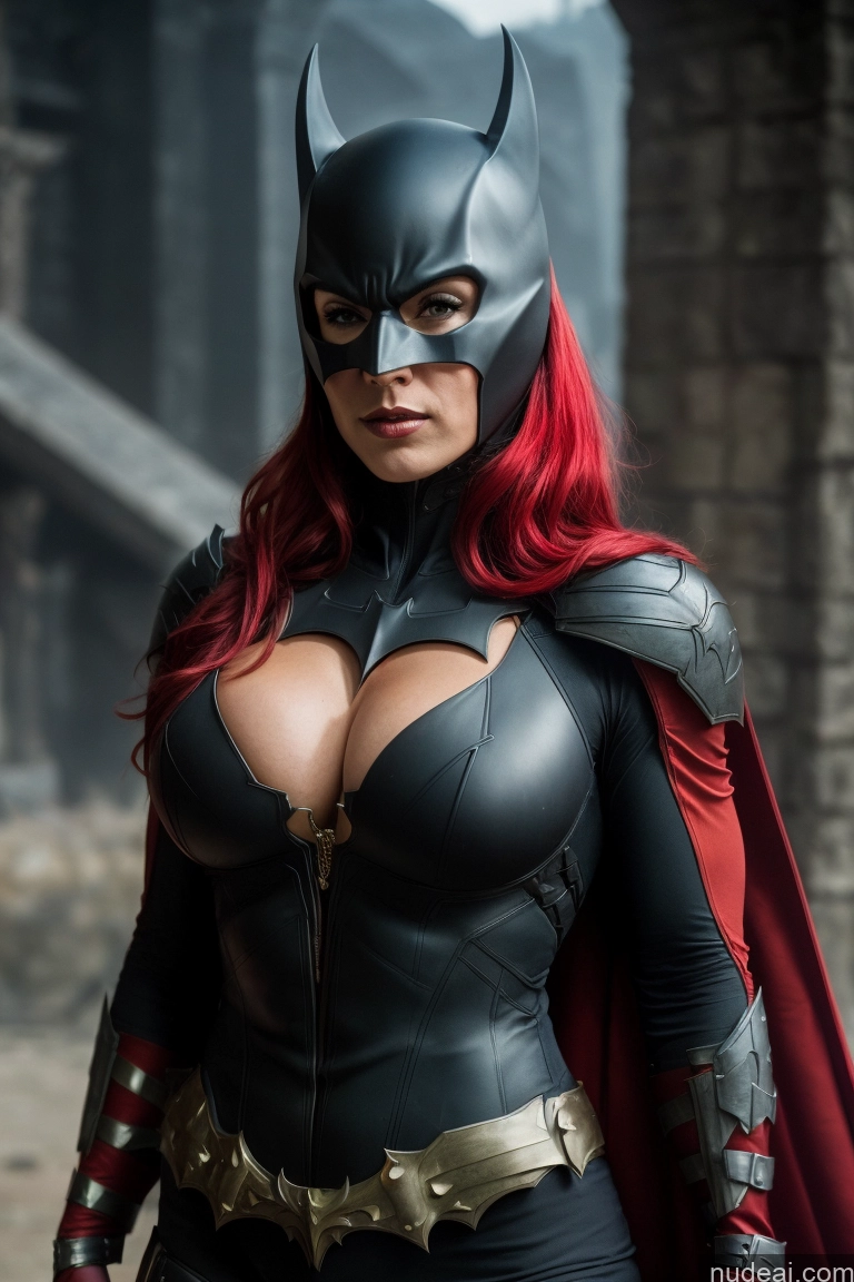 ai nude image of batman cosplaying woman with red hair and cape posing for a picture pics of Batwoman Busty Muscular Fantasy Armor