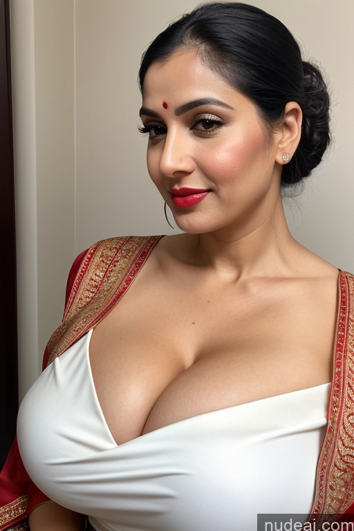 related ai porn images free for Woman One Huge Boobs Beautiful Lipstick Fairer Skin 40s Black Hair Slicked Close-up View Cleavage Simple Sari White