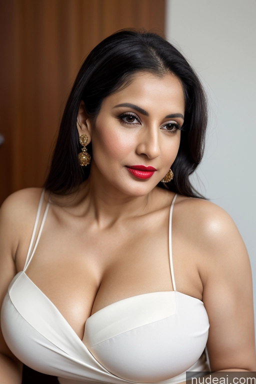 ai nude image of araffed woman in a white bra top posing for a picture pics of Woman One Huge Boobs Beautiful Lipstick Fairer Skin 40s Black Hair Slicked White Sari Cleavage Simple Close-up View