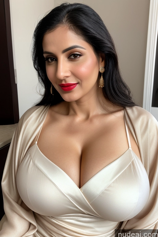 ai nude image of araffed woman in a white dress posing for a picture pics of Woman One Huge Boobs Beautiful Lipstick Fairer Skin 40s Black Hair Slicked White Sari Cleavage Simple Close-up View