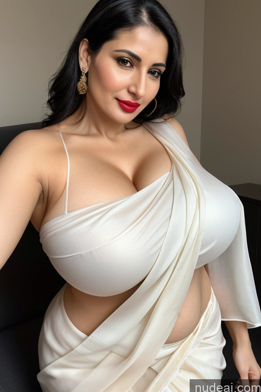 ai nude image of araffe woman in a white dress posing for a picture pics of Woman One Huge Boobs Beautiful Lipstick Fairer Skin 40s Black Hair Slicked White Sari Cleavage Simple Close-up View