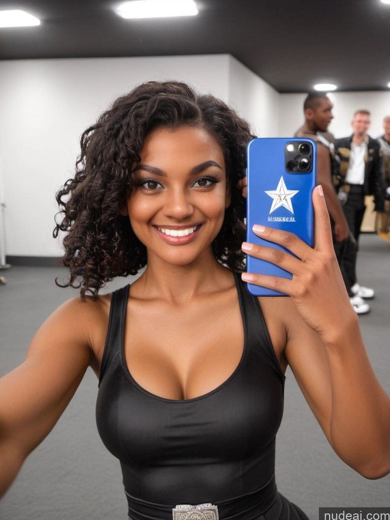 ai nude image of smiling woman in black dress holding up a blue cell phone pics of Miss Universe Model One Huge Boobs Tall 18 Happy Curly Hair Of Love African Mirror Selfie Battlefield Front View Yoga Ninja