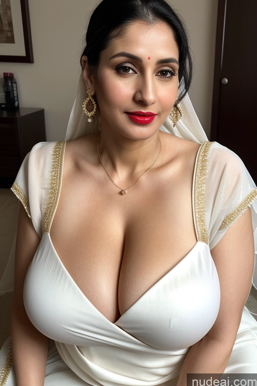 ai nude image of araffed woman in a white dress with a veil and red lipstick pics of Woman One Huge Boobs Beautiful Lipstick Fairer Skin 40s Black Hair Slicked White Sari Cleavage Simple Close-up View