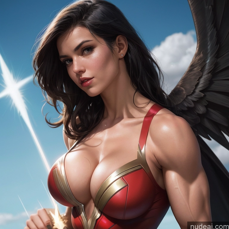 ai nude image of a close up of a woman in a red and gold costume pics of Busty Muscular Abs Hawkgirl Mary Thunderbolt Spider-Gwen Batwoman