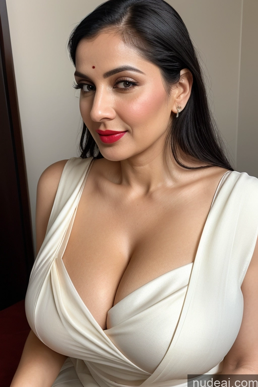 ai nude image of araffed woman in a white dress posing for a picture pics of One Woman Huge Boobs Beautiful Lipstick Fairer Skin 40s Black Hair Slicked White Close-up View Sari Cleavage Simple