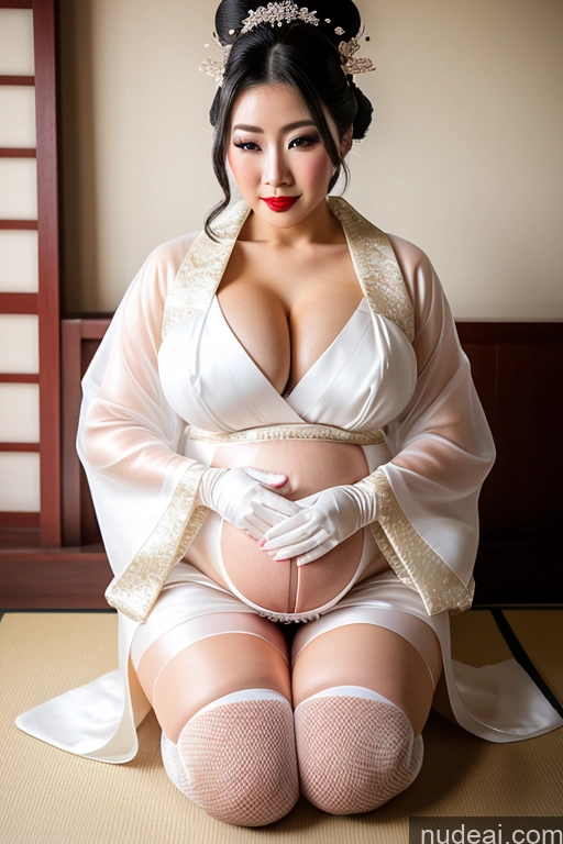 ai nude image of araffe woman in a kimono sitting on a mat with a white robe pics of Busty Perfect Boobs Lipstick Perfect Body Pubic Hair Black Hair Hair Bun Onsen Gloves Kimono Wedding Thigh Socks Stockings Jewelry Transparent Pearl Jewelry Geisha Pregnant