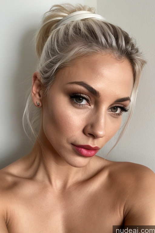 ai nude image of blond woman with a messy bun in her hair and a pink lip pics of One Small Tits Woman Skinny Pubic Hair Perfect Body Pouting Lips Lipstick White Hair Ponytail White 40s