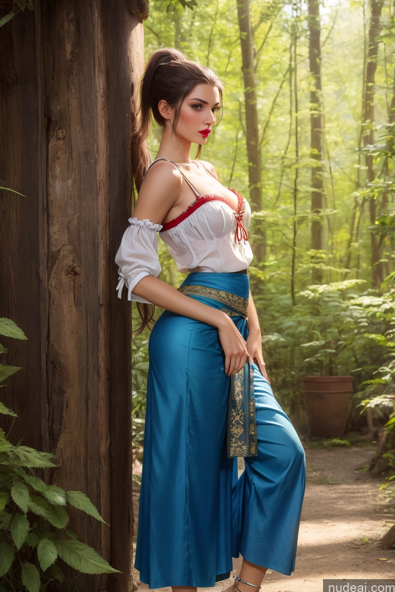 ai nude image of araffe woman in blue pants and white top posing for a picture pics of Woman Small Tits Perfect Body Brunette Ponytail Beautiful Pubic Hair Tall 30s Lipstick Skinny Dirndl Harem Pants Micro Skirt