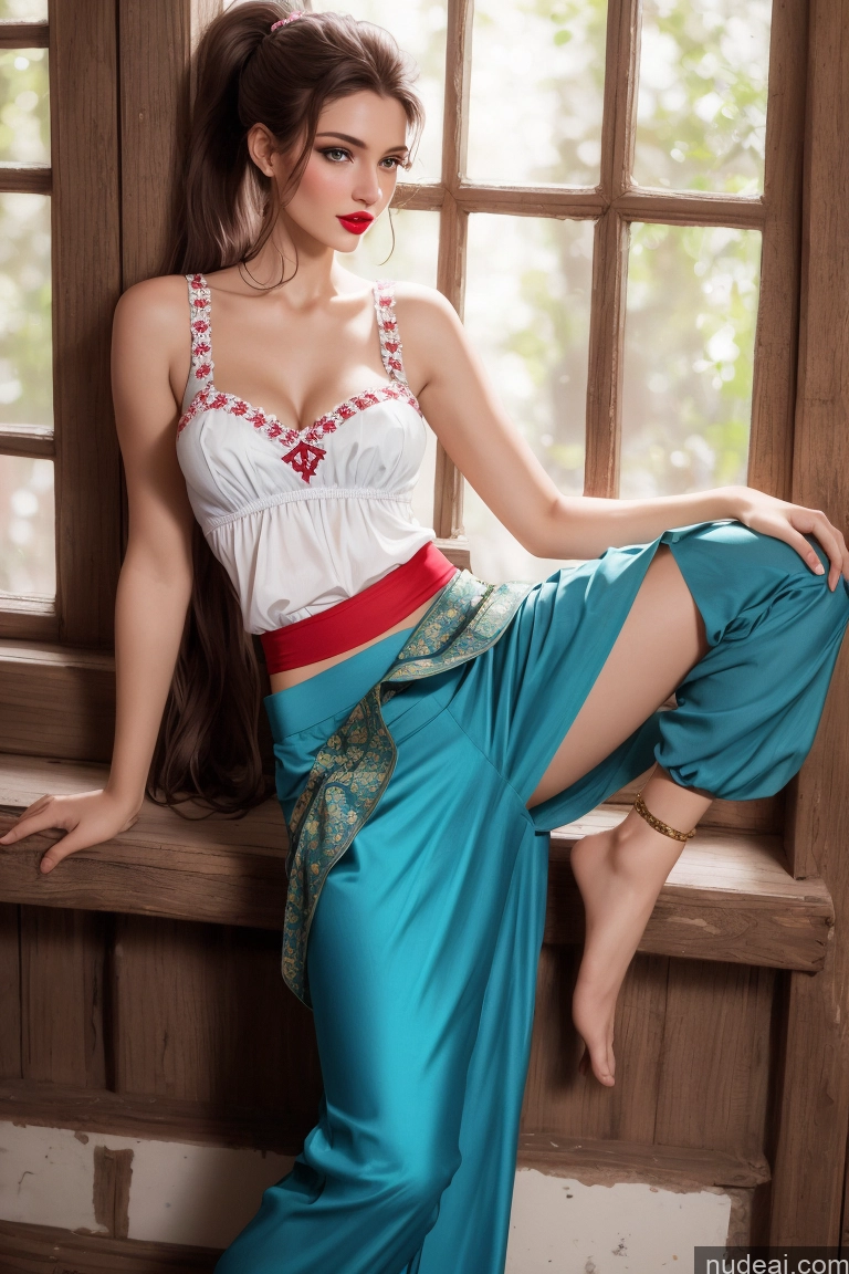 ai nude image of araffe woman in a blue and white top and blue pants pics of Woman Small Tits Perfect Body Brunette Ponytail Beautiful Pubic Hair Tall 30s Lipstick Skinny Dirndl Harem Pants Micro Skirt