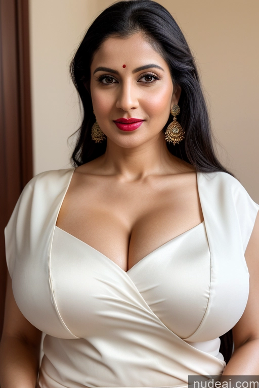 ai nude image of araffe woman in a white dress posing for a picture pics of Woman One Huge Boobs Beautiful Lipstick Fairer Skin 40s Black Hair Slicked White Close-up View Sari Cleavage