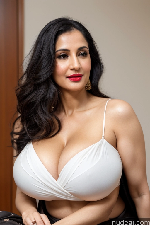 ai nude image of araffed woman in a white bra top posing for a picture pics of Woman One Huge Boobs Beautiful Lipstick Fairer Skin 40s Black Hair Slicked White Close-up View Sari Cleavage