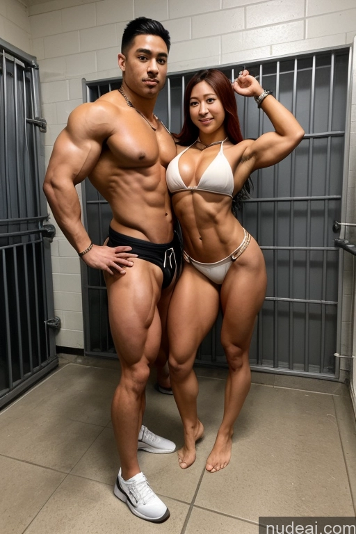 ai nude image of arafed woman posing with a muscular man in a jail cell pics of Bodybuilder Two Busty Muscular Abs Long Legs Tall Tanned Skin Oiled Body 18 Ginger Long Hair Japanese Anime Prison Full Frontal T-pose Nude Bondage Chain Shackles