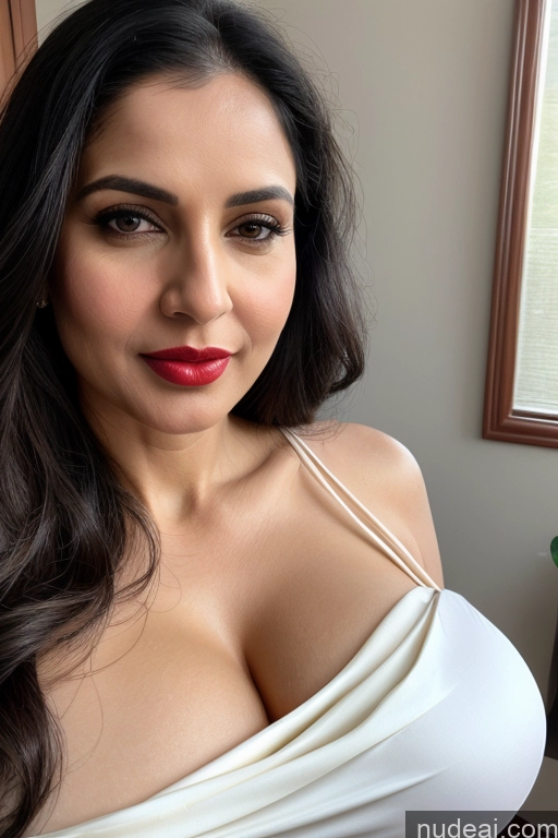 related ai porn images free for Woman One Huge Boobs Beautiful Lipstick Fairer Skin 40s Black Hair Slicked Close-up View Sari Cleavage Simple White