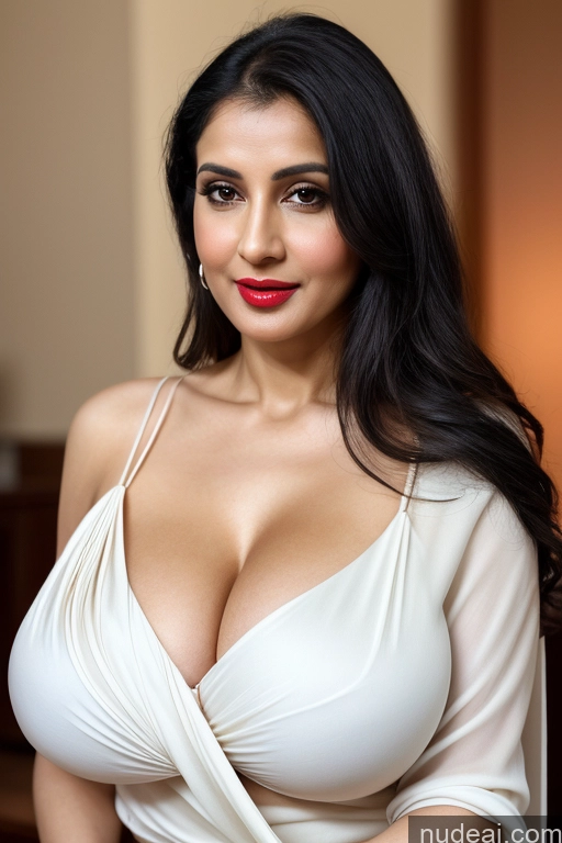 related ai porn images free for Woman One Huge Boobs Beautiful Lipstick Fairer Skin 40s Black Hair Slicked Close-up View Sari Cleavage Simple White