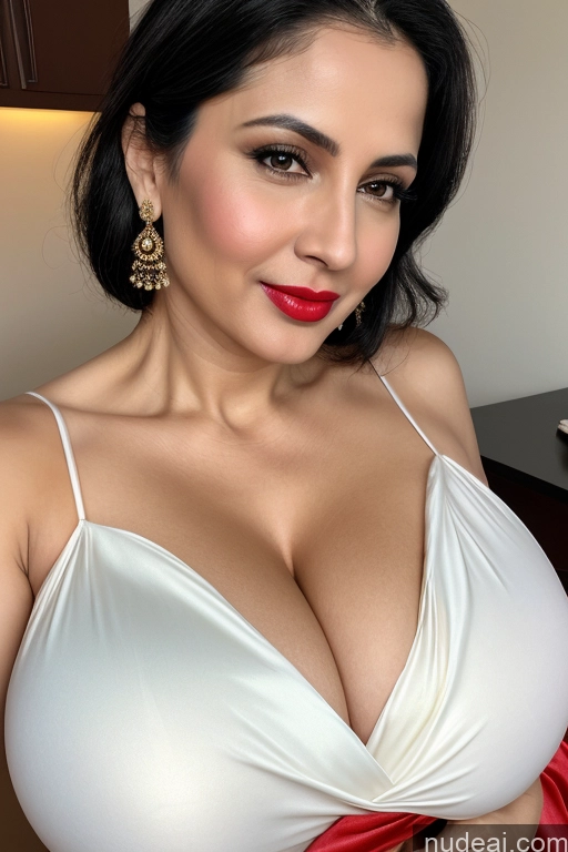 related ai porn images free for Woman One Huge Boobs Beautiful Lipstick Fairer Skin 40s Black Hair Slicked Close-up View Sari Cleavage Simple White