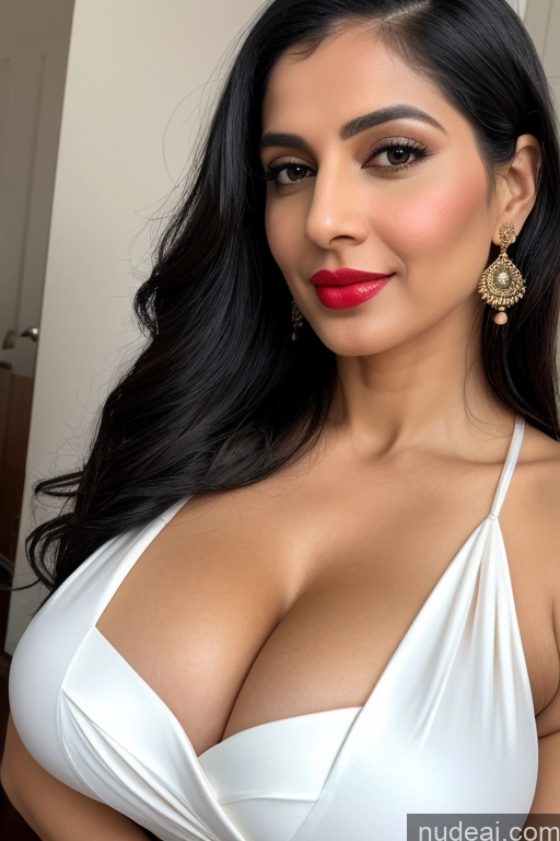 ai nude image of araffed woman in a white dress posing for a picture pics of Woman One Huge Boobs Beautiful Lipstick Fairer Skin 40s Black Hair Slicked White Sari Cleavage Simple Close-up View