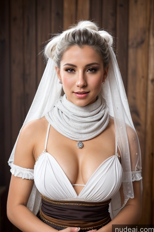 ai nude image of arafed woman in a white dress and a veil posing for a picture pics of Athlete Small Tits Pubic Hair 20s White Hair Ponytail German Dark Fantasy Cumshot Partially Nude Detailed Dress Long Skirt Medieval Scarf Traditional Diamond Jewelry