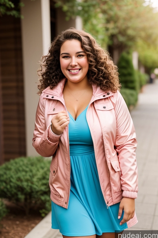 ai nude image of arafed woman in a pink jacket and blue dress smiling pics of Woman One Chubby 18 Happy Brunette Curly Hair French Front View Dress Jacket