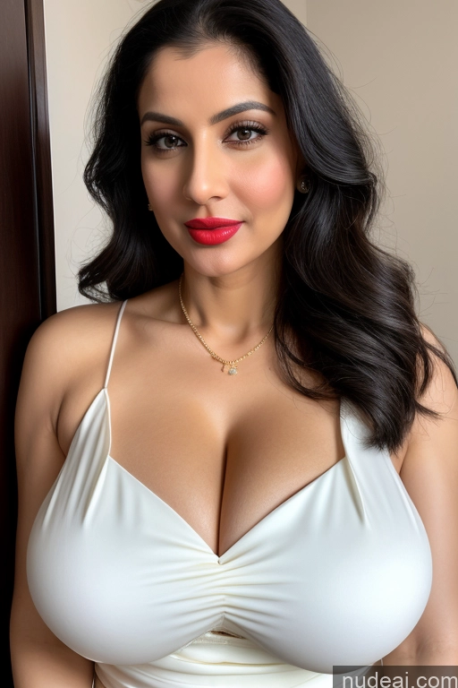 ai nude image of araffed woman in a white dress posing for a picture pics of One Huge Boobs Beautiful Lipstick Fairer Skin 40s Black Hair Slicked White Sari Cleavage Close-up View Model