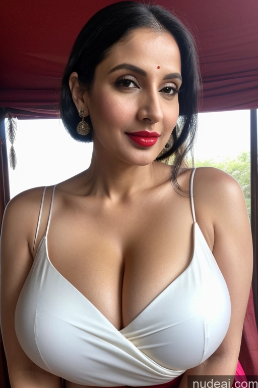 ai nude image of araffed woman in a white bra top posing for a picture pics of Model One Huge Boobs Beautiful Lipstick Fairer Skin 40s Black Hair Slicked White Close-up View Sari Cleavage