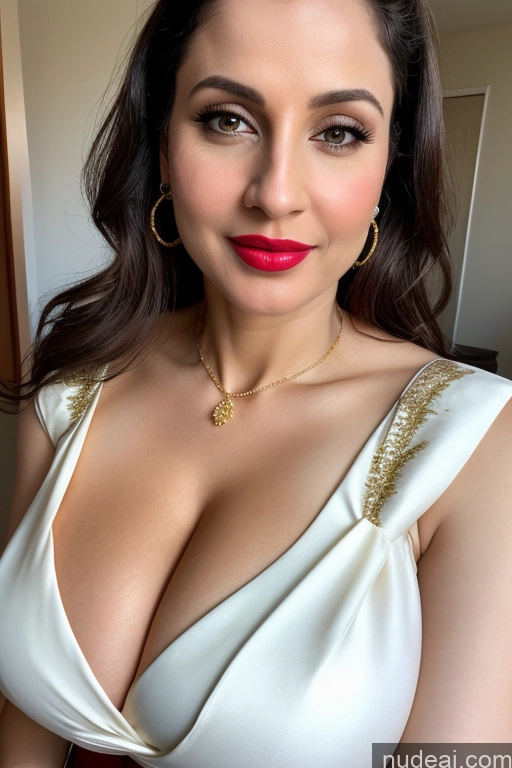 ai nude image of araffe woman in a white dress with a red lip and gold jewelry pics of Woman One Huge Boobs Beautiful Lipstick Fairer Skin 40s White Close-up View Sari Cleavage