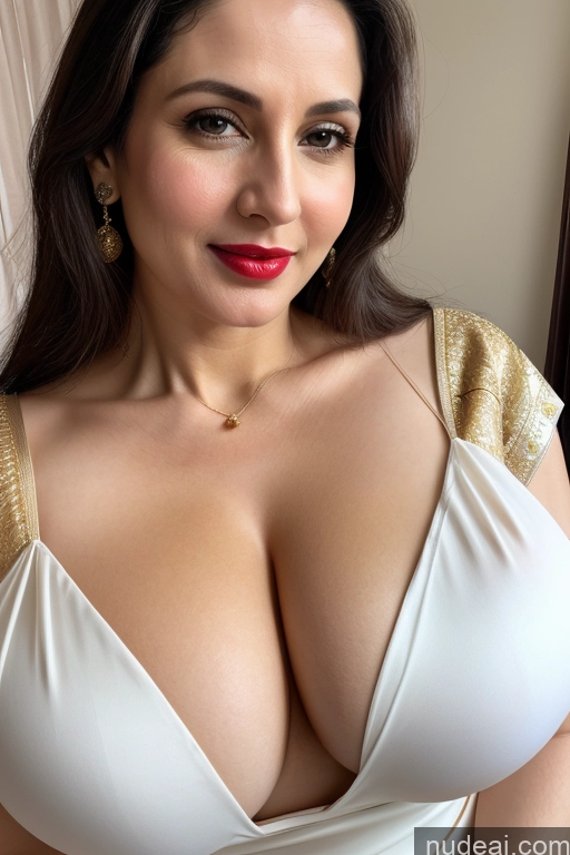 related ai porn images free for Woman One Huge Boobs Beautiful Lipstick Fairer Skin 40s White Close-up View Sari Cleavage