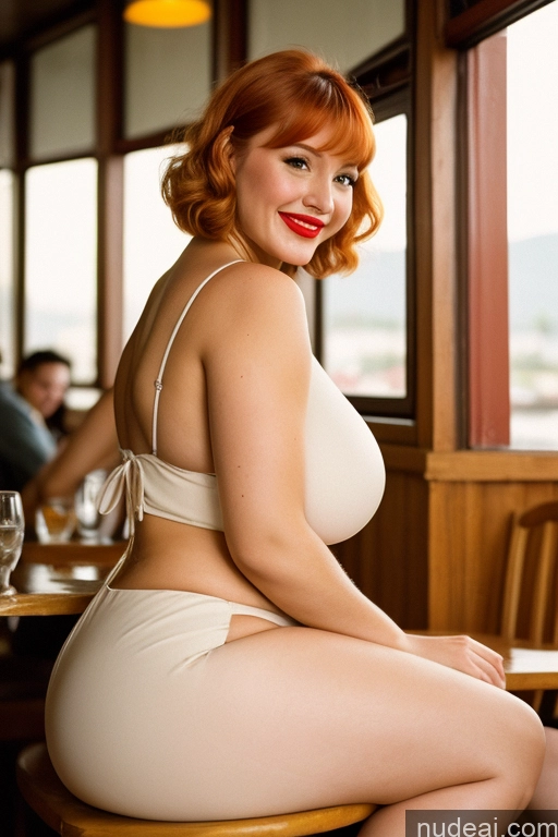 ai nude image of there is a woman sitting on a stool in a restaurant pics of Woman One Huge Boobs Perfect Boobs Beautiful Lipstick Big Ass Thick 30s Happy Seductive Ginger Czech Film Photo Restaurant 60s Dress Pixie