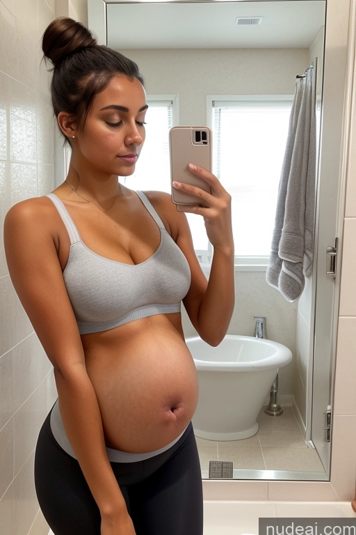 ai nude image of pregnant woman taking a selfie in a bathroom mirror pics of Woman One Perfect Boobs Pubic Hair Tanned Skin Pregnant 18 Sad Brunette Hair Bun Spanish Mirror Selfie Bathroom Detailed Yoga Pants Bra Front View