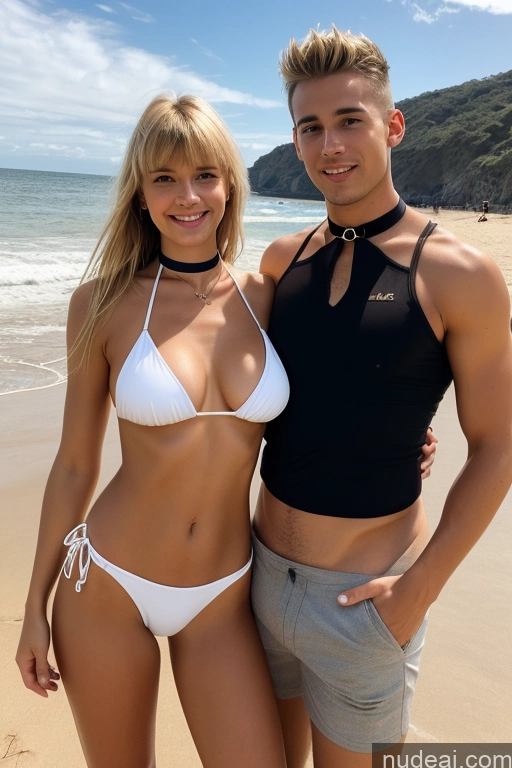 ai nude image of blond haired woman in a white bikini and a man in a black top pics of Woman + Man Small Tits Small Ass Skinny 18 Choker Perfect Boobs Bikini Beach Bangs French Blonde