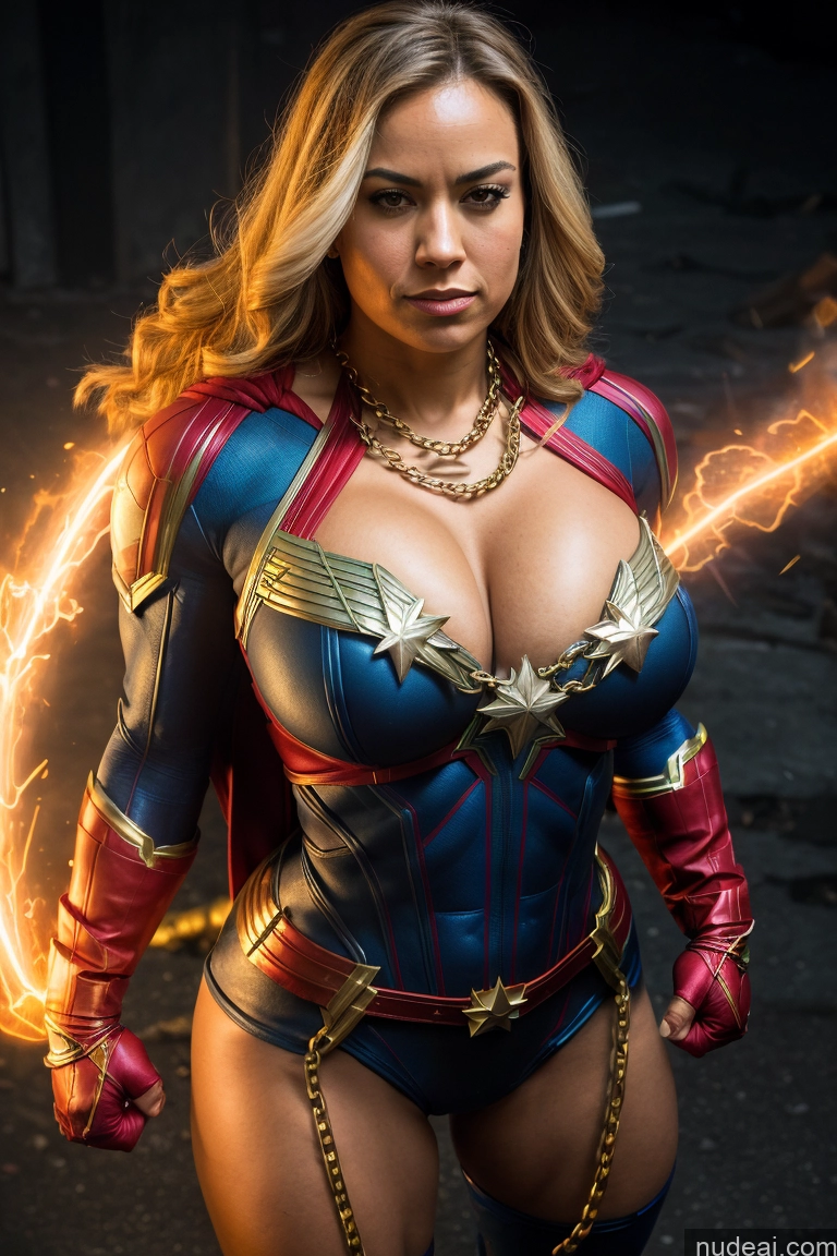 ai nude image of araffe woman in a costume with a sword and a necklace pics of Busty Muscular Abs Captain Marvel Superheroine Superhero Chain Shackles Powering Up