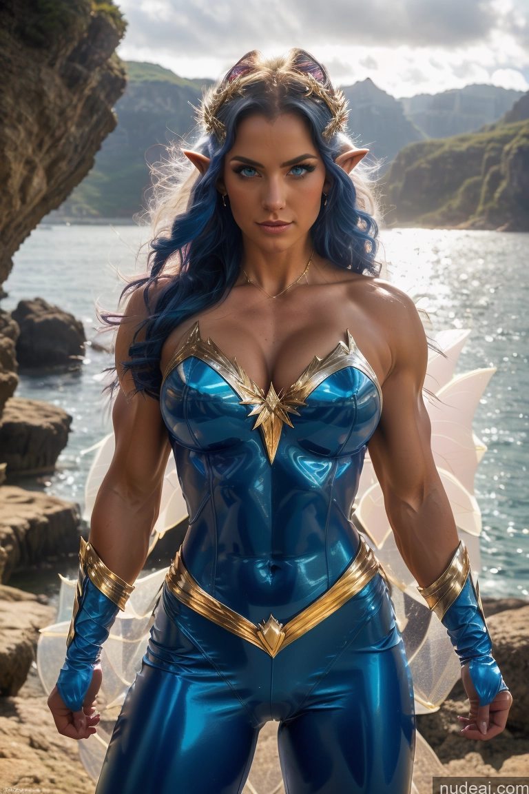 ai nude image of arafed woman in a blue costume posing on a rocky beach pics of Fairy Busty Muscular Abs Superhero Powering Up Deep Blue Eyes Bodybuilder