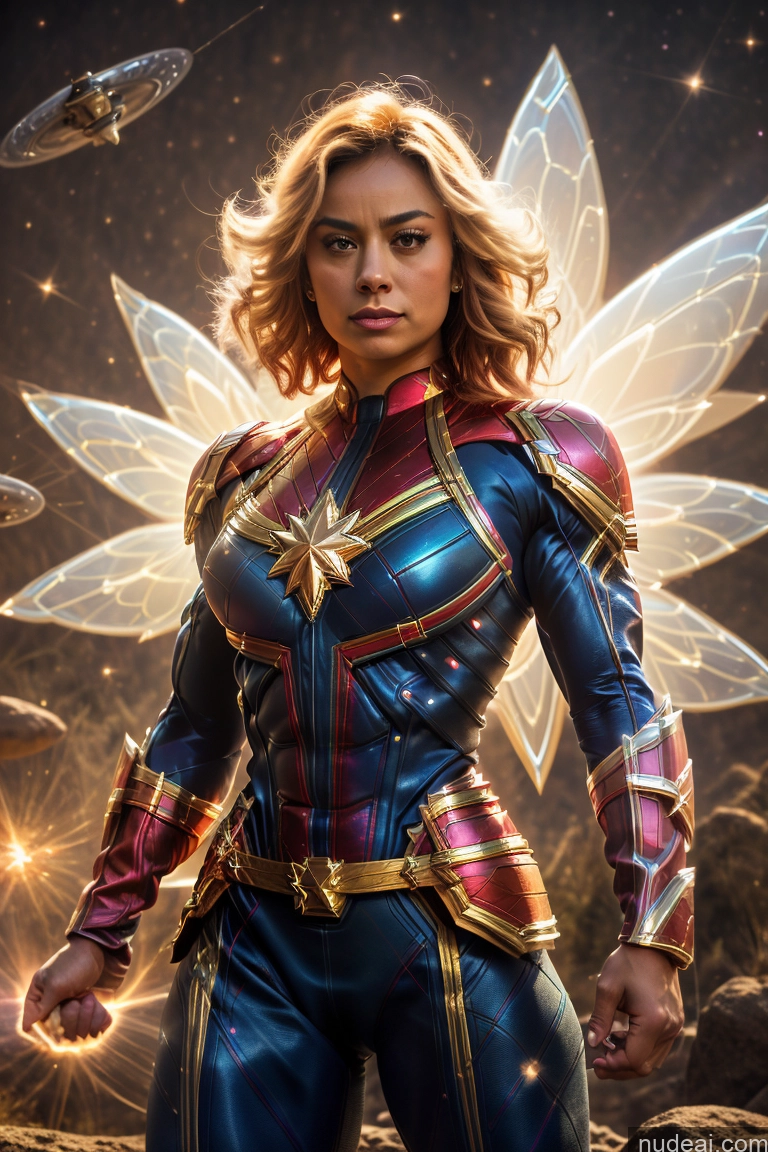 ai nude image of a close up of a woman in a costume with wings pics of Fairy Busty Muscular Abs Bodybuilder Captain Marvel Powering Up Science Fiction Style Space