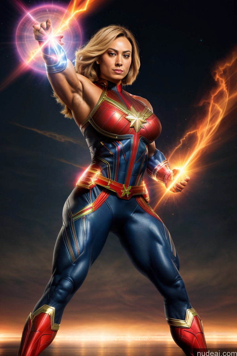 ai nude image of a woman in a costume with lightning coming out of her chest pics of Muscular Abs Bodybuilder Captain Marvel Powering Up Science Fiction Style Huge Boobs Dynamic View Heat Vision