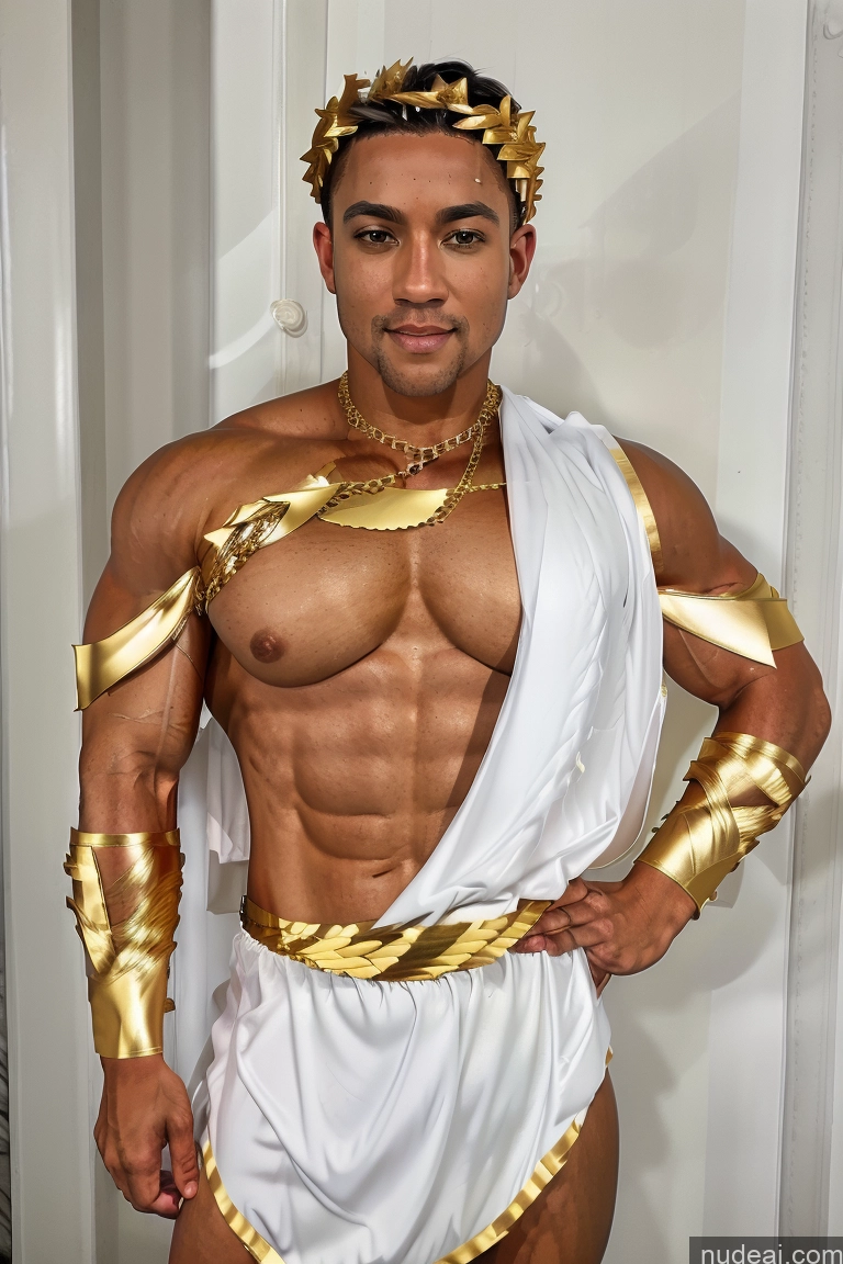 Menstoga, White Robes, In White And Gold Costumem, Gold Headpiece, Gold Belt, Gold Chain Busty Muscular Front View Perfect Boobs