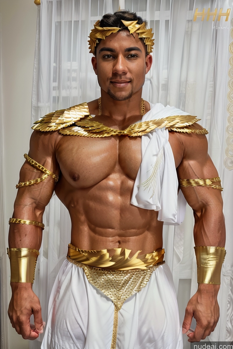 ai nude image of arafed man in a costume of gold and white with a towel pics of Menstoga, White Robes, In White And Gold Costumem, Gold Headpiece, Gold Belt, Gold Chain Muscular Front View Huge Boobs