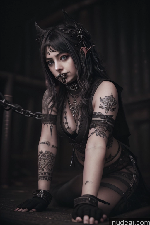 ai nude image of gothic woman with tattoos and piercings sitting on a table pics of Woman One Womb Tattoos 逼真私密纹身 Gothic Punk Girl Warrior Princesses 18 Deep Blue Eyes Angry Black Hair Curly Hair Of Love White Dark_Fantasy_Style Hell Pet Play Garterbelt, Black Fabric, Floral Embroidery, Wearing The Garterbelt, Iron Chains Bondage Chain Shackles