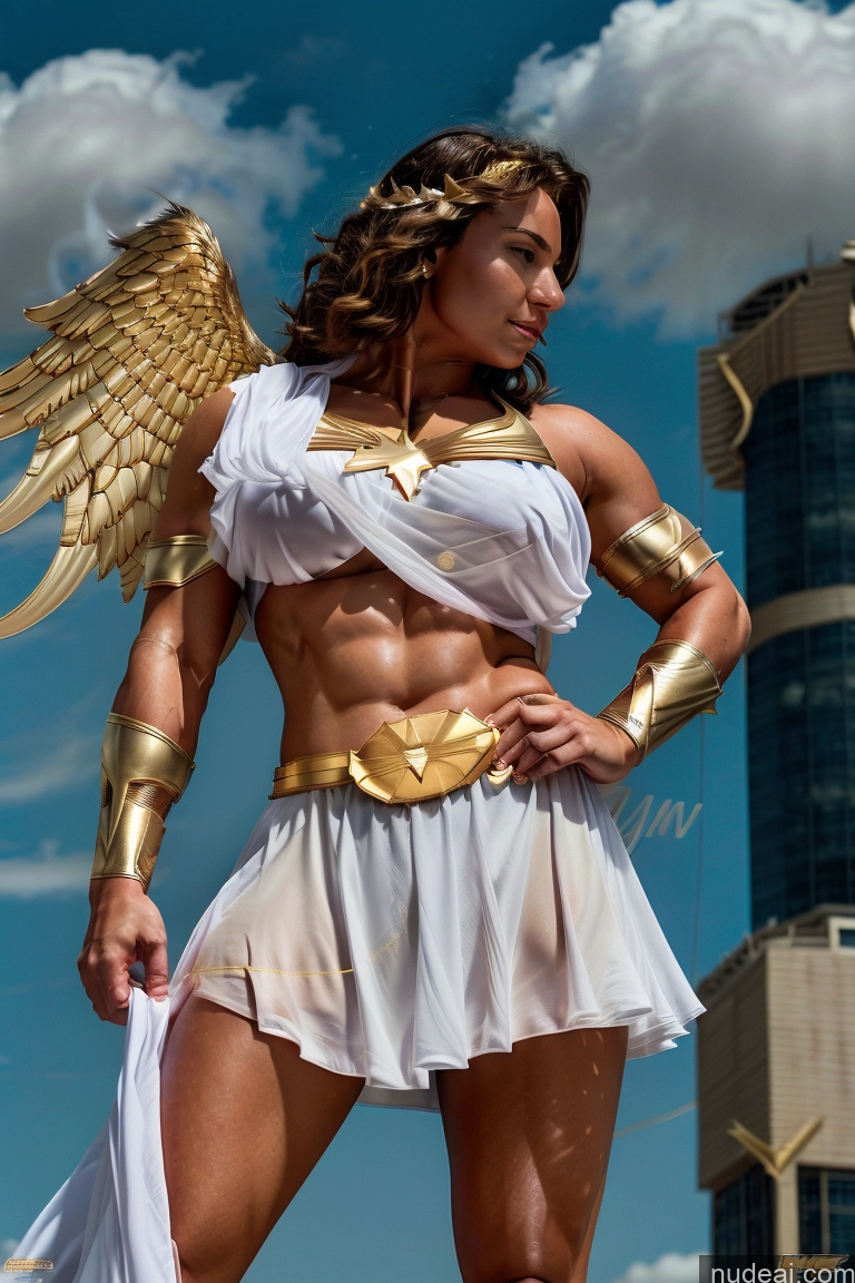 Huge Boobs Muscular Abs Menstoga, White Robes, In White And Gold Costumem, Gold Headpiece, Gold Belt, Gold Chain Fairer Skin Superhero Captain Marvel Bodybuilder Batwoman Hawkgirl Mary Thunderbolt Spider-Gwen Perfect Boobs Busty Powering Up