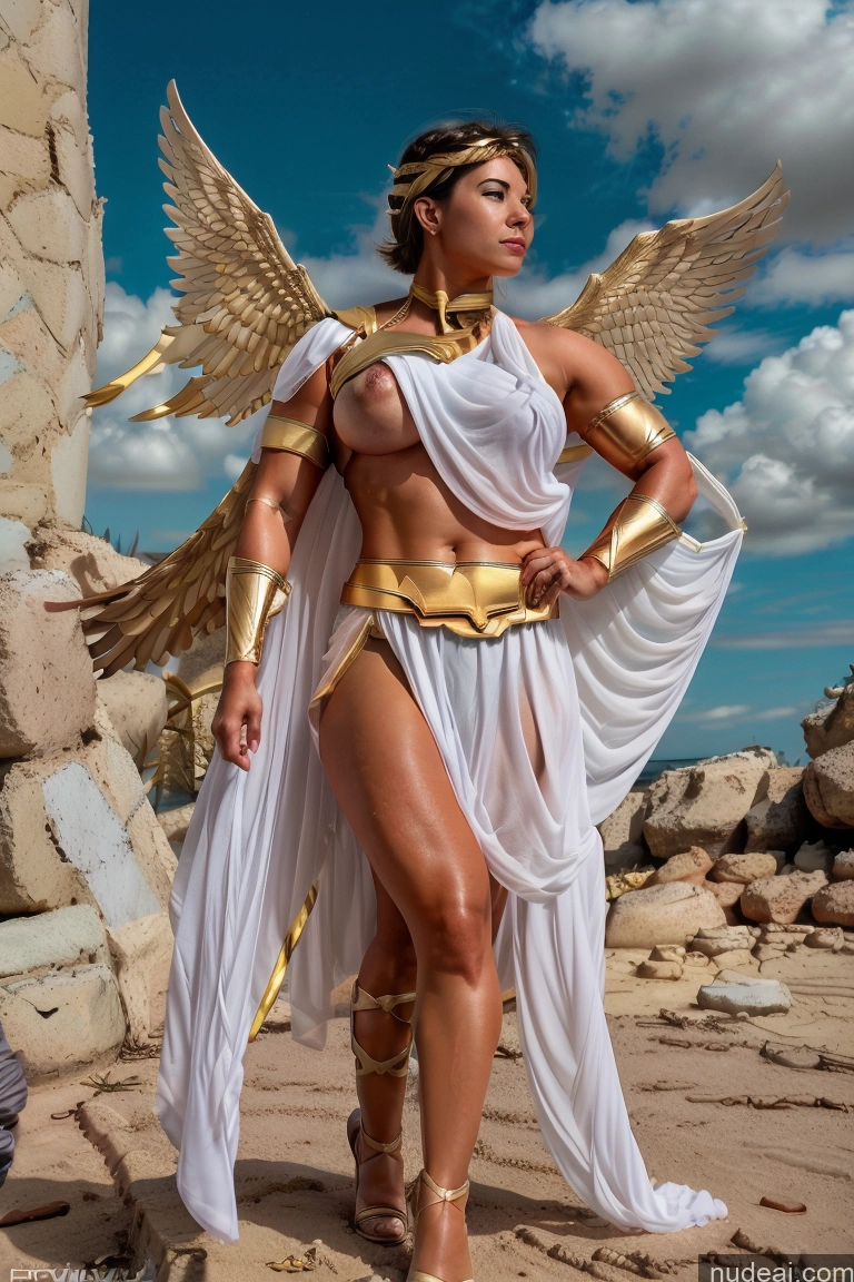 Huge Boobs Muscular Abs Menstoga, White Robes, In White And Gold Costumem, Gold Headpiece, Gold Belt, Gold Chain Fairer Skin Superhero Captain Marvel Bodybuilder Batwoman Hawkgirl Mary Thunderbolt Spider-Gwen Perfect Boobs Busty Powering Up