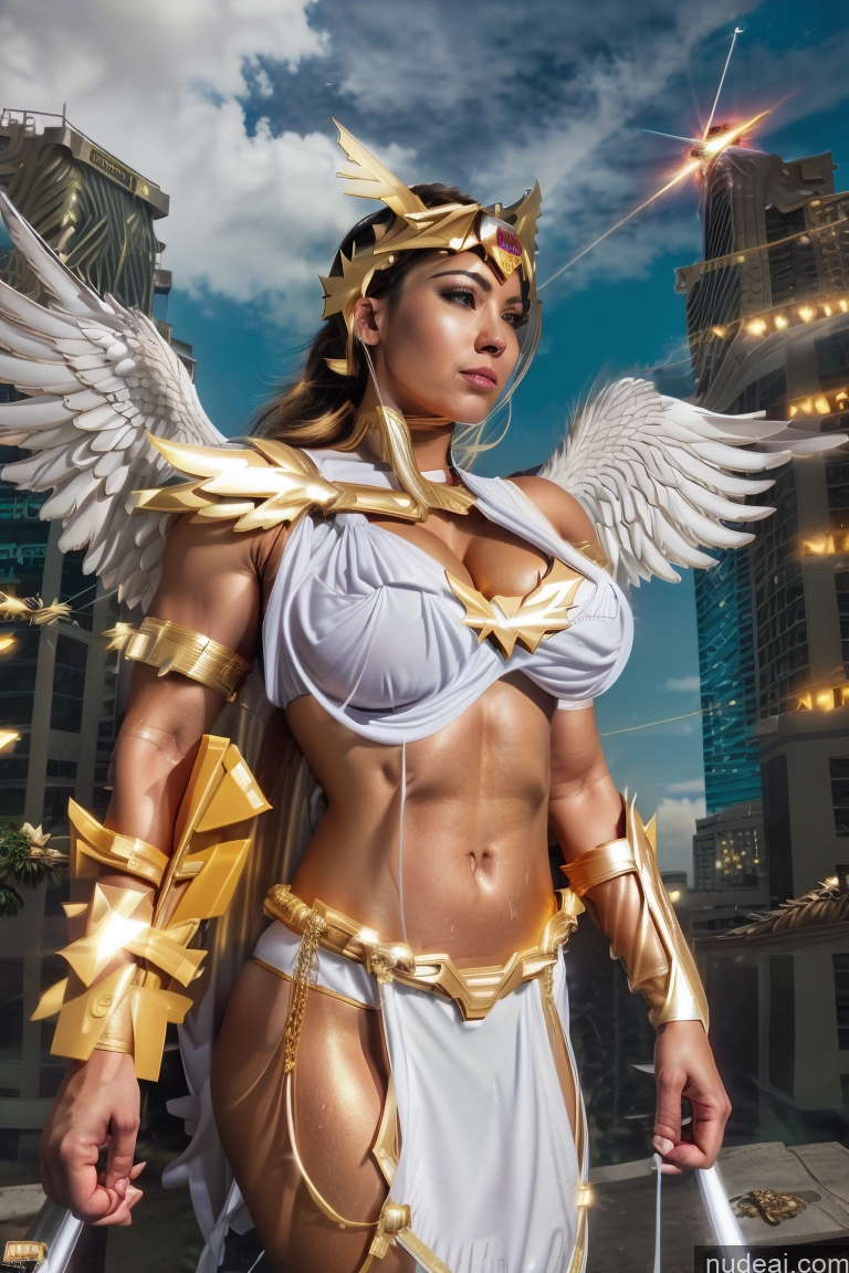 ai nude image of arafed woman in a white outfit with wings and gold armor pics of Muscular Abs Superhero Captain Marvel Batwoman Hawkgirl Mary Thunderbolt Spider-Gwen Busty Powering Up Power Rangers Captain Planet Superheroine SuperMecha: A-Mecha Musume A素体机娘 Menstoga, White Robes, In White And Gold Costumem, Gold Headpiece, Gold Belt, Gold Chain Huge Boobs Perfect Boobs Science Fiction Style Space Dynamic View Heat Vision