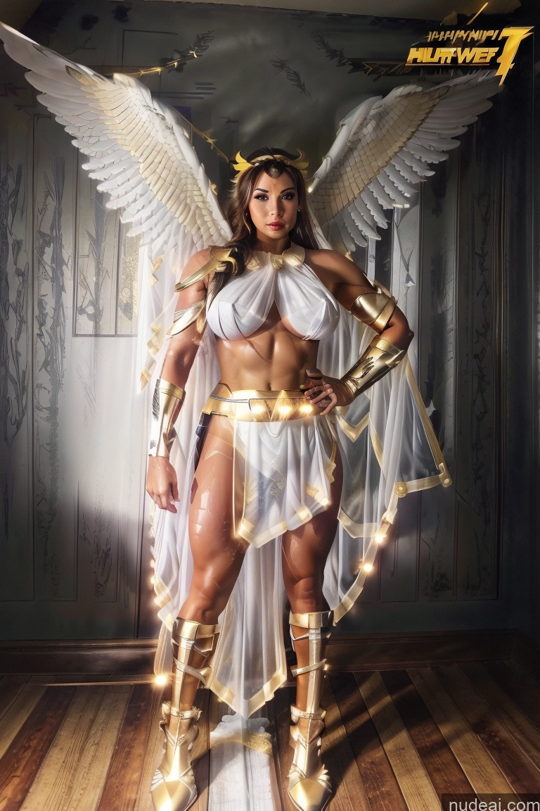 ai nude image of arafed woman dressed in a costume with wings and a sword pics of Muscular Abs Superhero Captain Marvel Batwoman Hawkgirl Mary Thunderbolt Spider-Gwen Busty Powering Up Power Rangers Captain Planet Superheroine SuperMecha: A-Mecha Musume A素体机娘 Menstoga, White Robes, In White And Gold Costumem, Gold Headpiece, Gold Belt, Gold Chain Huge Boobs Perfect Boobs Science Fiction Style Dynamic View Heat Vision Shower