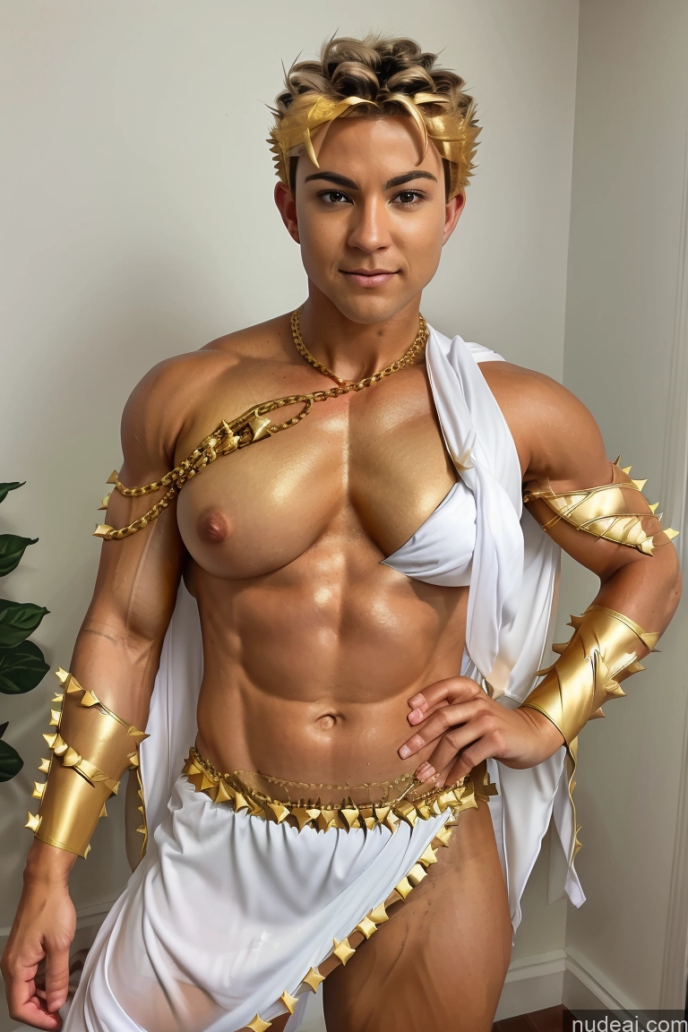 Woman Busty Perfect Boobs Muscular Abs Super Saiyan Menstoga, White Robes, In White And Gold Costumem, Gold Headpiece, Gold Belt, Gold Chain Powering Up