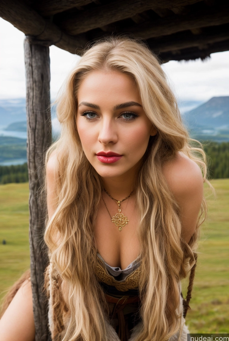 ai nude image of blonde woman with long hair posing in a field with mountains in the background pics of Woman One Small Tits Beautiful Lipstick 40s Pouting Lips Seductive Medieval Tribal Tunic Viking Jewelry Gold Jewelry Detailed Front View Scandinavian