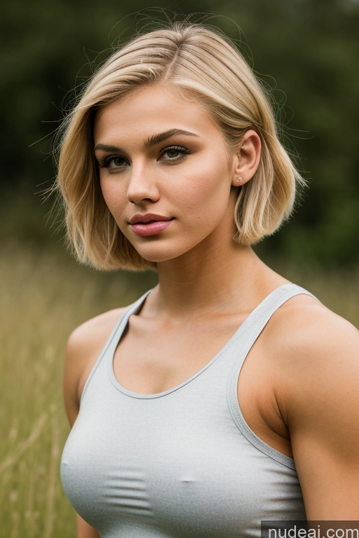 ai nude image of blonde woman in a gray tank top standing in a field pics of 18 French Medieval Muscular Thick Meadow Superhero Pouting Lips Blonde Short Hair