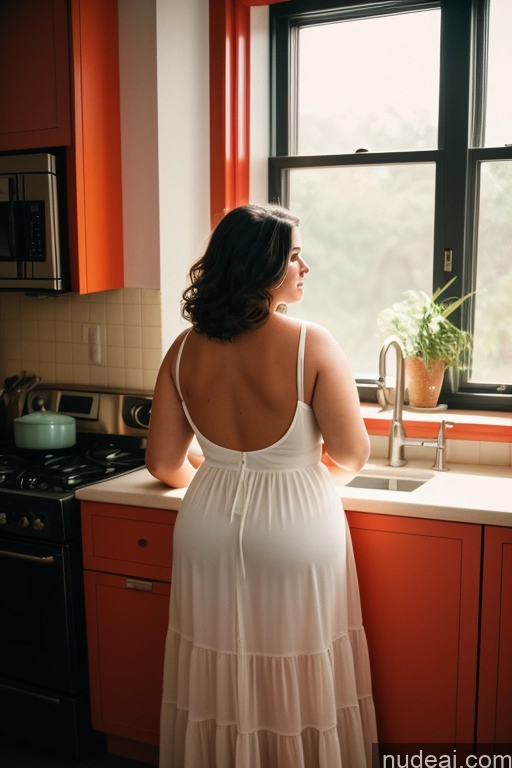 ai nude image of pregnant woman in white dress standing in kitchen looking out window pics of Kitchen Vintage 18 Dress Chubby Transparent Back View