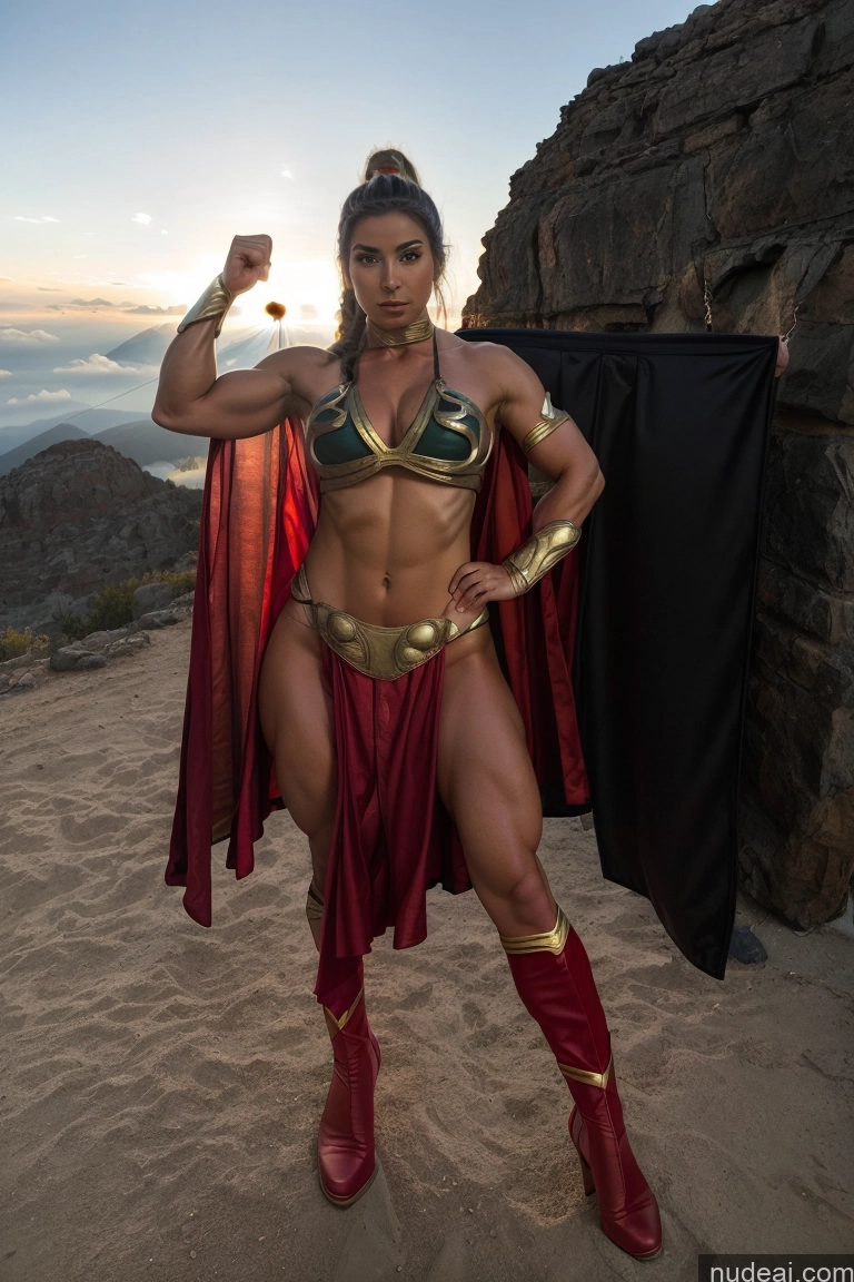 ai nude image of arafed woman in a red cape and gold outfit posing for a picture pics of Superheroine Muscular Superhero Slavekini, Aka Slave Leia Outfit Powering Up