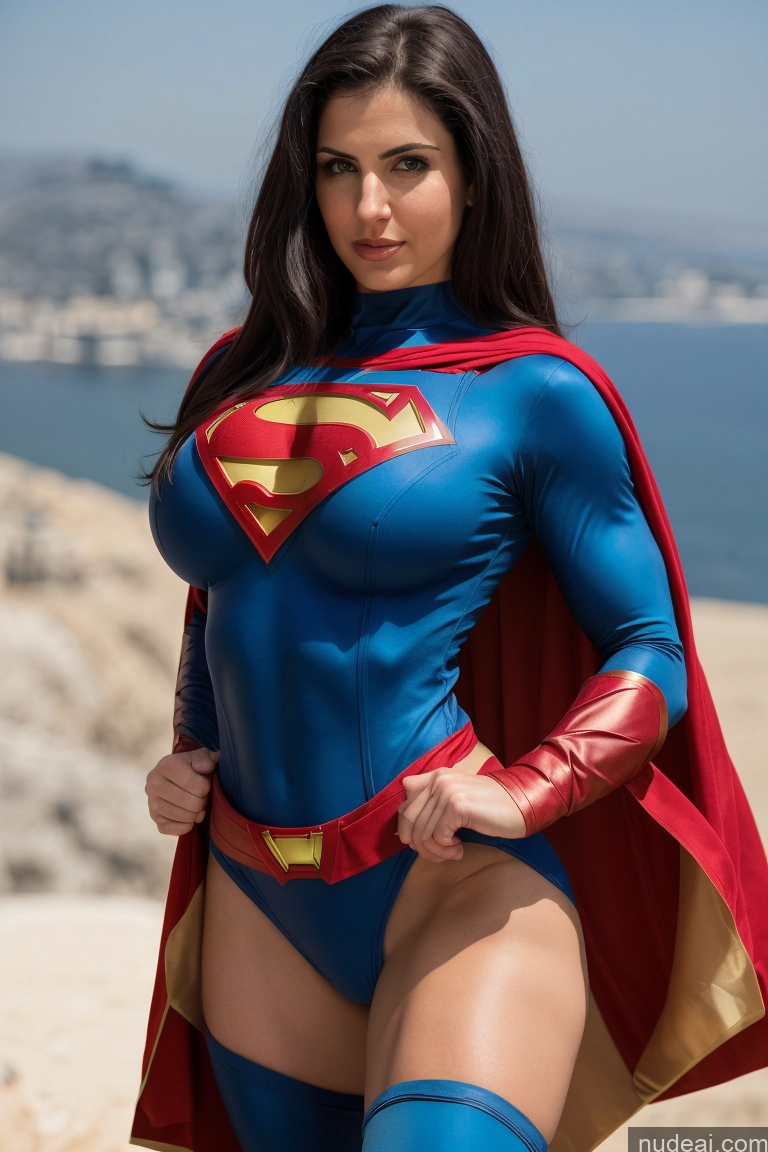 ai nude image of araffe woman in a superman costume posing on a beach pics of Israel Jewish Front View Busty Small Tits Fairer Skin Black Hair Muscular Abs Superhero Superheroine